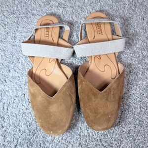 Born Tan Suede Slip-On Mules with Cream Elastic Strap